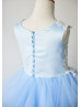 Blue Ruffle Tulle Pearl Embellished Wedding Flower Girl Dress